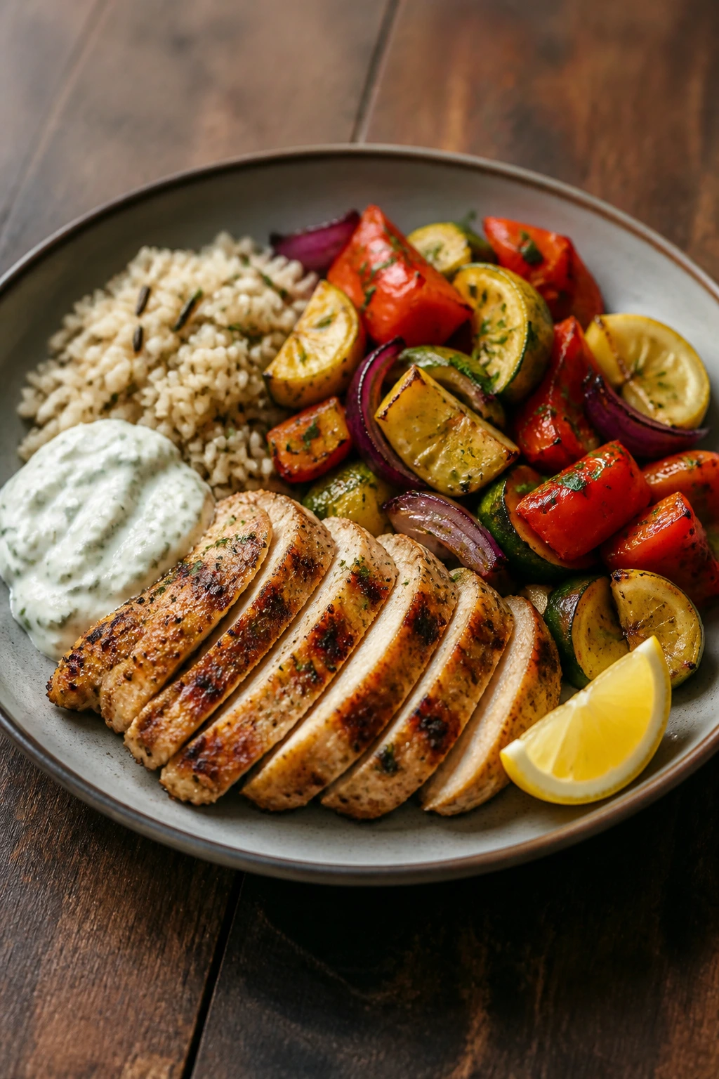 Close-up plate with a balanced small-plate dinner under 500 calories.