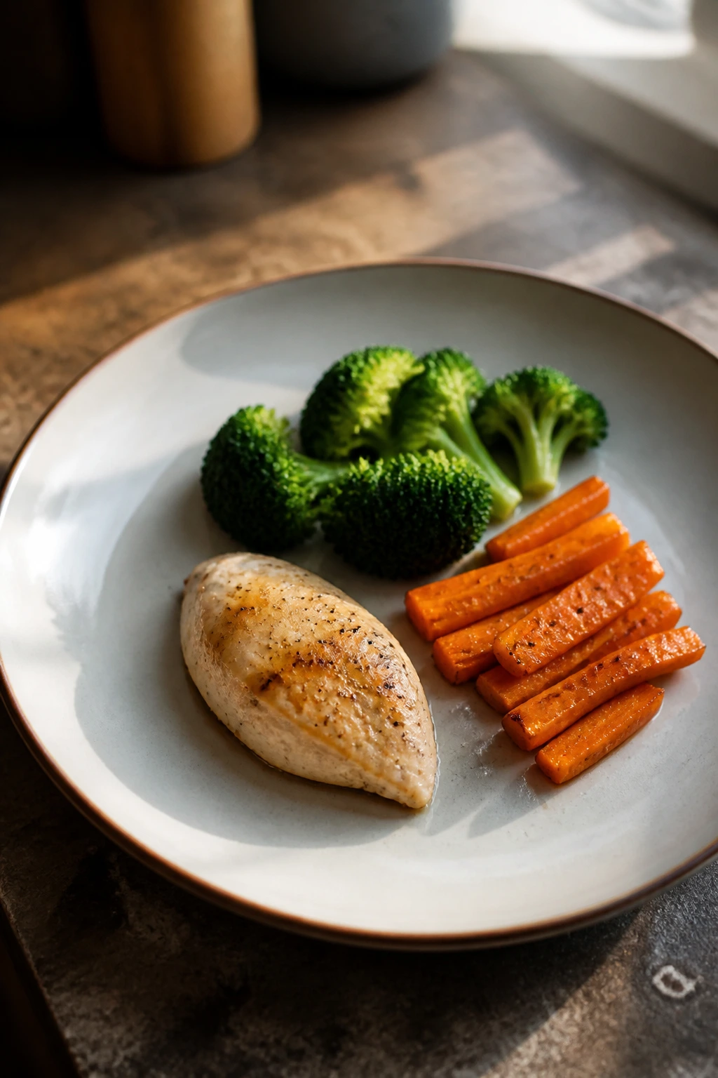 Close-up plate with small portion of protein and vegetables highlighting a light meal
