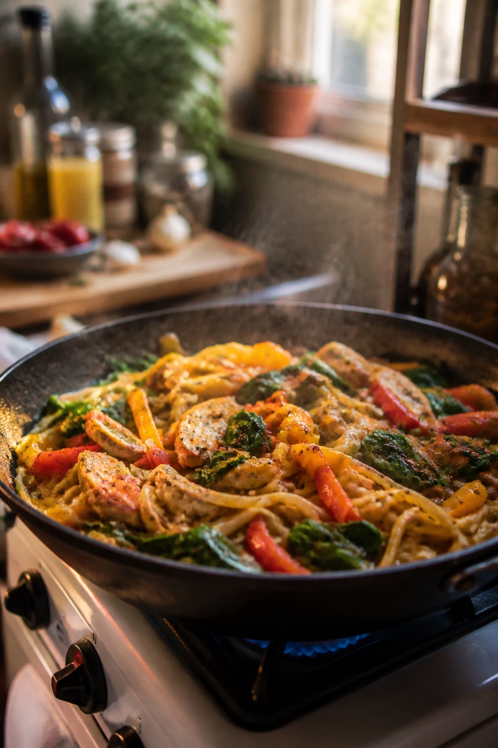 Skillet of pasta and vegetables on a small apartment stove
