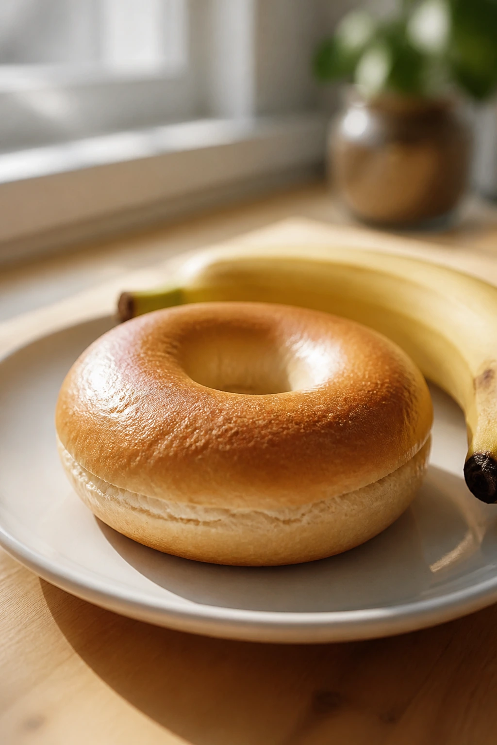 Plain bagel and banana on a simple plate