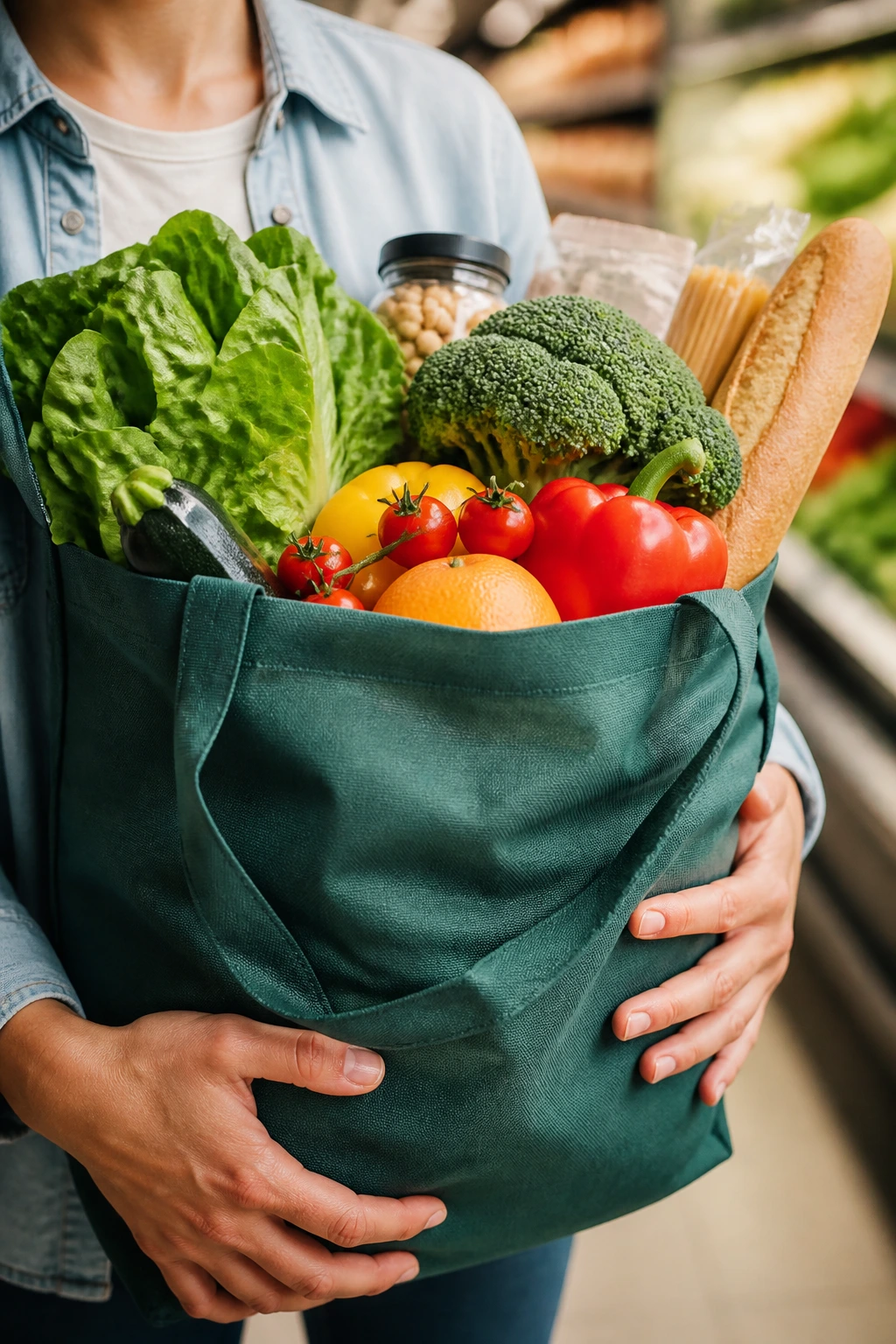 Grocery bag filled with groceries representing smart shopping for weeknight meals.