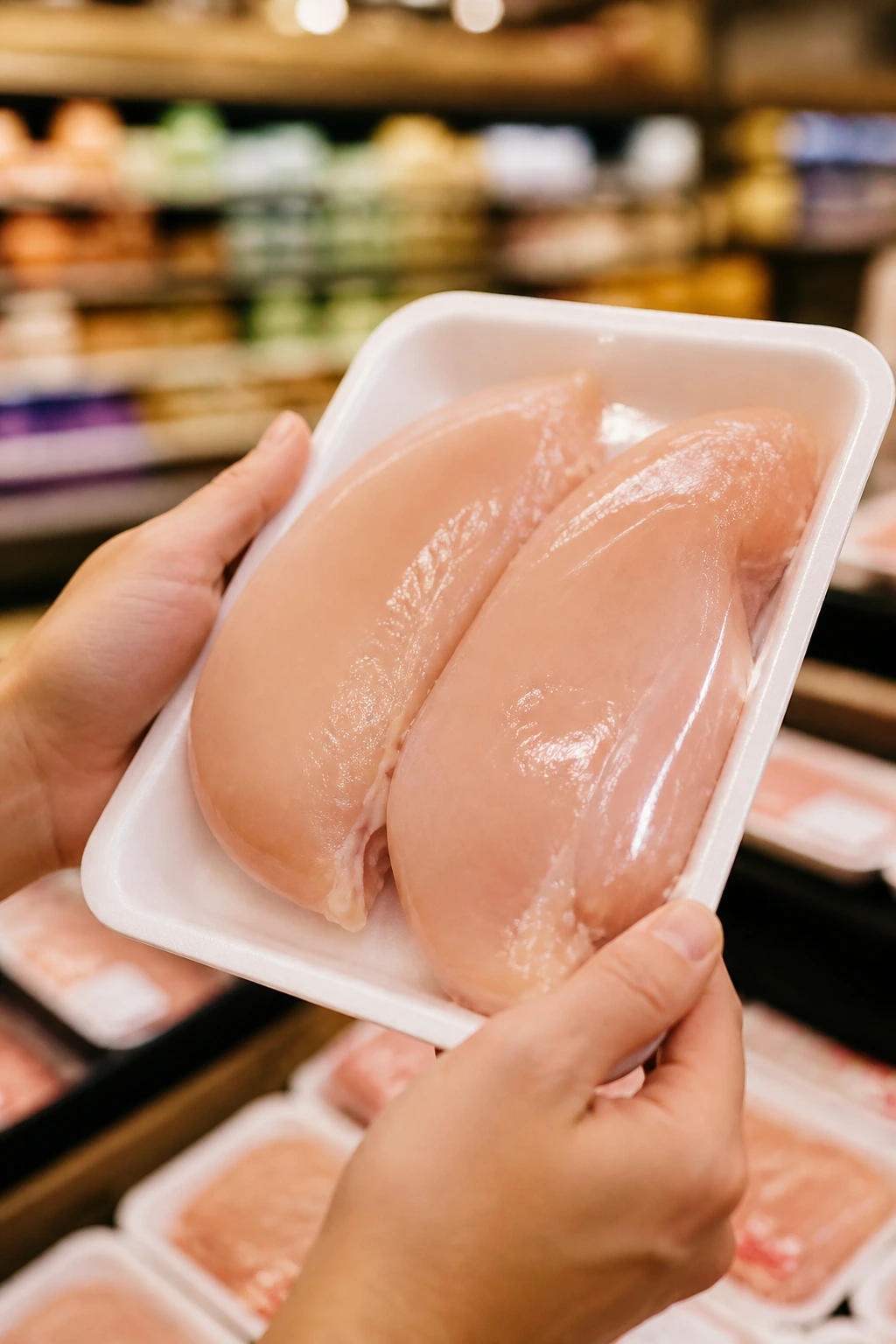 Close-up of hands holding chicken breast package in a grocery store