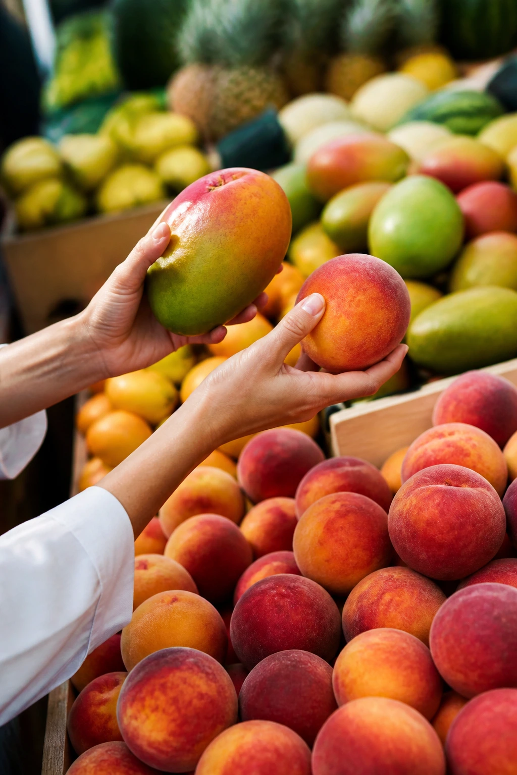 Close-up of hands selecting ripe mango and peaches at market to illustrate smart shopping for smoothies