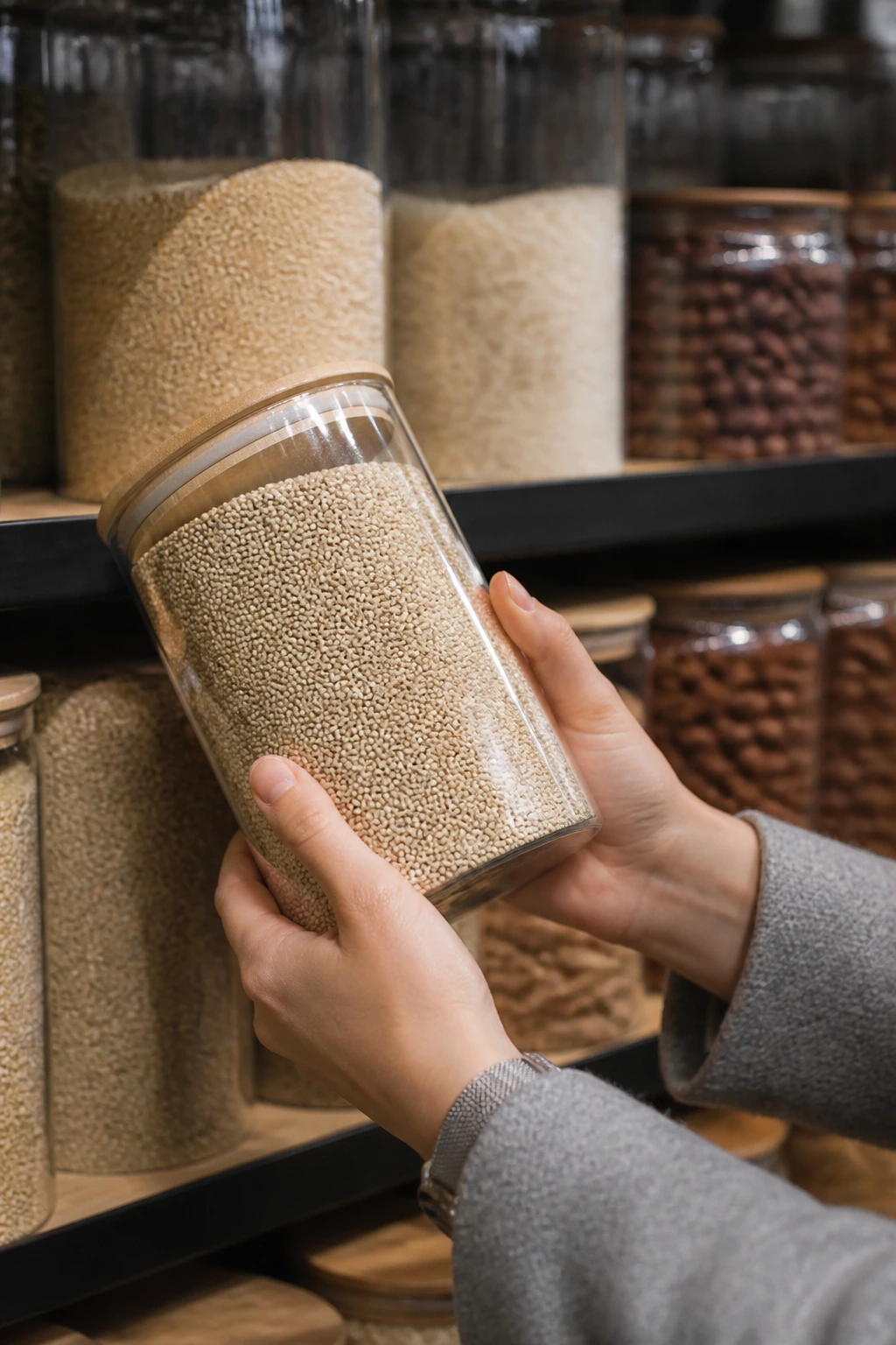 Hands selecting unlabelled grains and beans in a grocery store