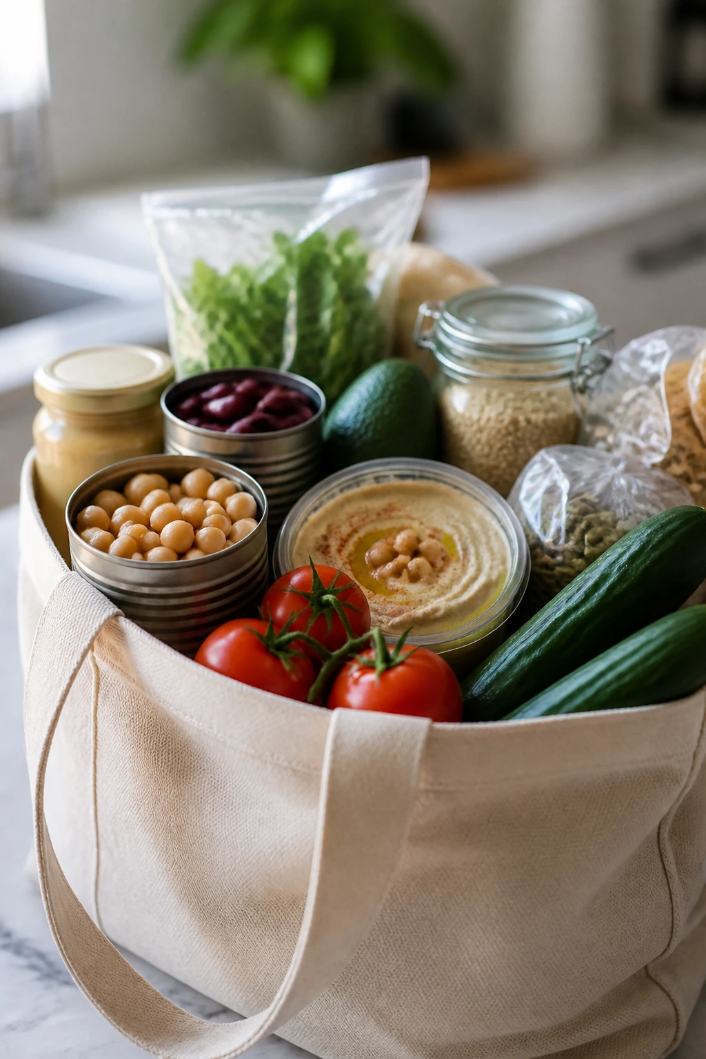 Grocery bag filled with no-cook staples for fast cold meals.