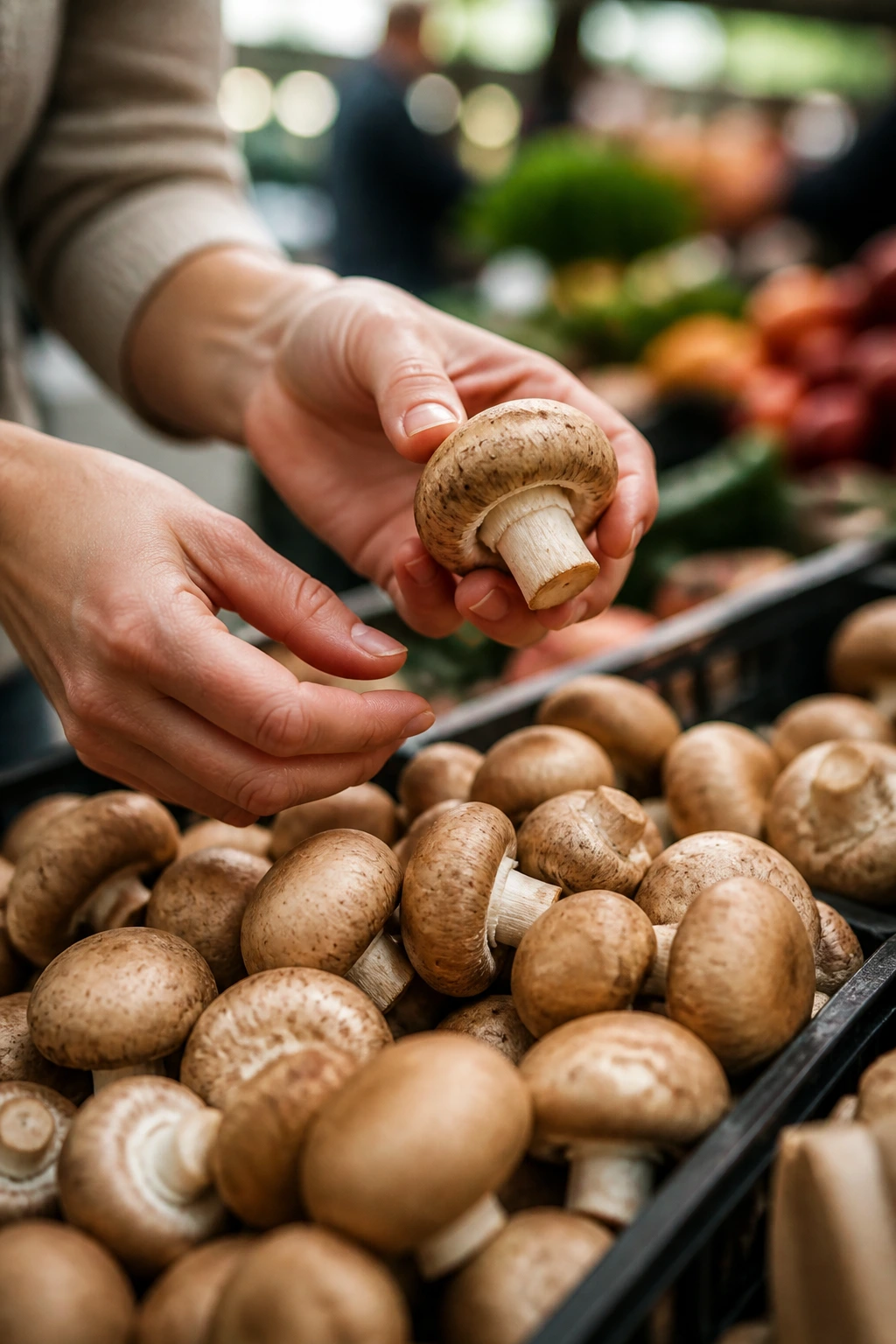 Hands selecting fresh mushrooms at a grocery store