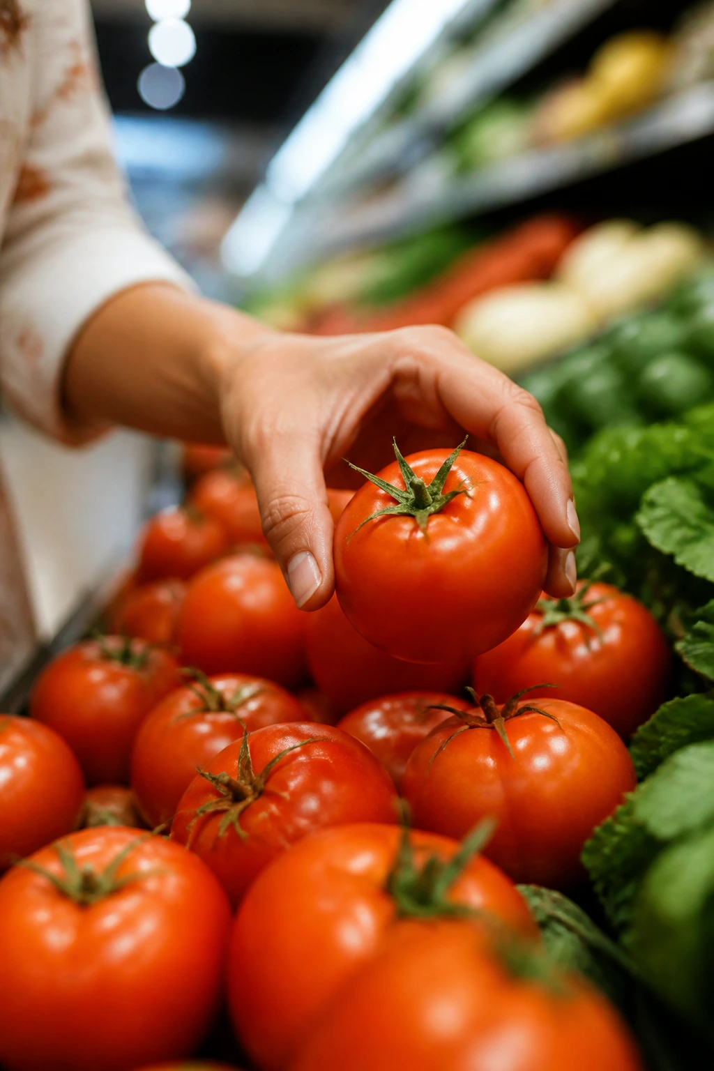 Hand selecting a ripe tomato in a grocery store
