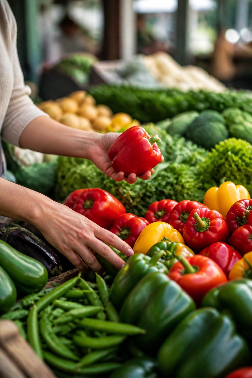 Close-up of shopper's hands selecting fresh produce at a market