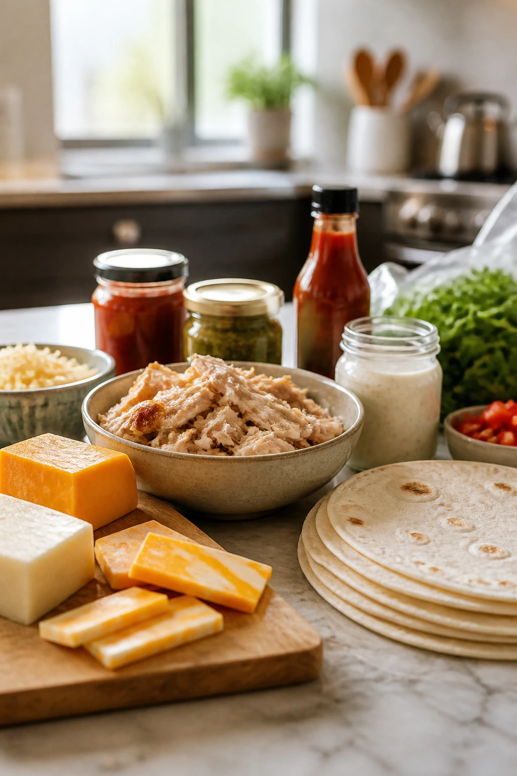 Organized versatile ingredients on a kitchen counter suggesting smart shopping