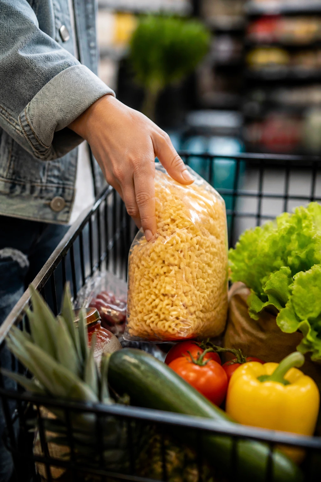 Hand placing pasta into a grocery cart among fresh produce