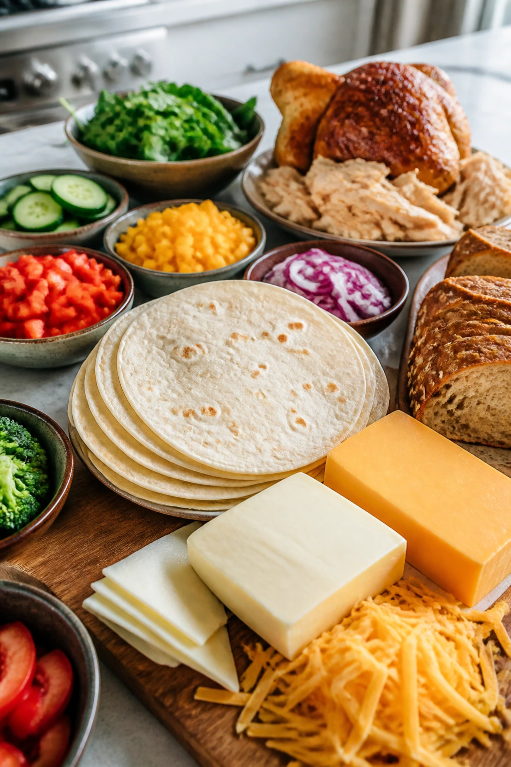 Ingredients for snack-dinner recipes laid out on a kitchen island