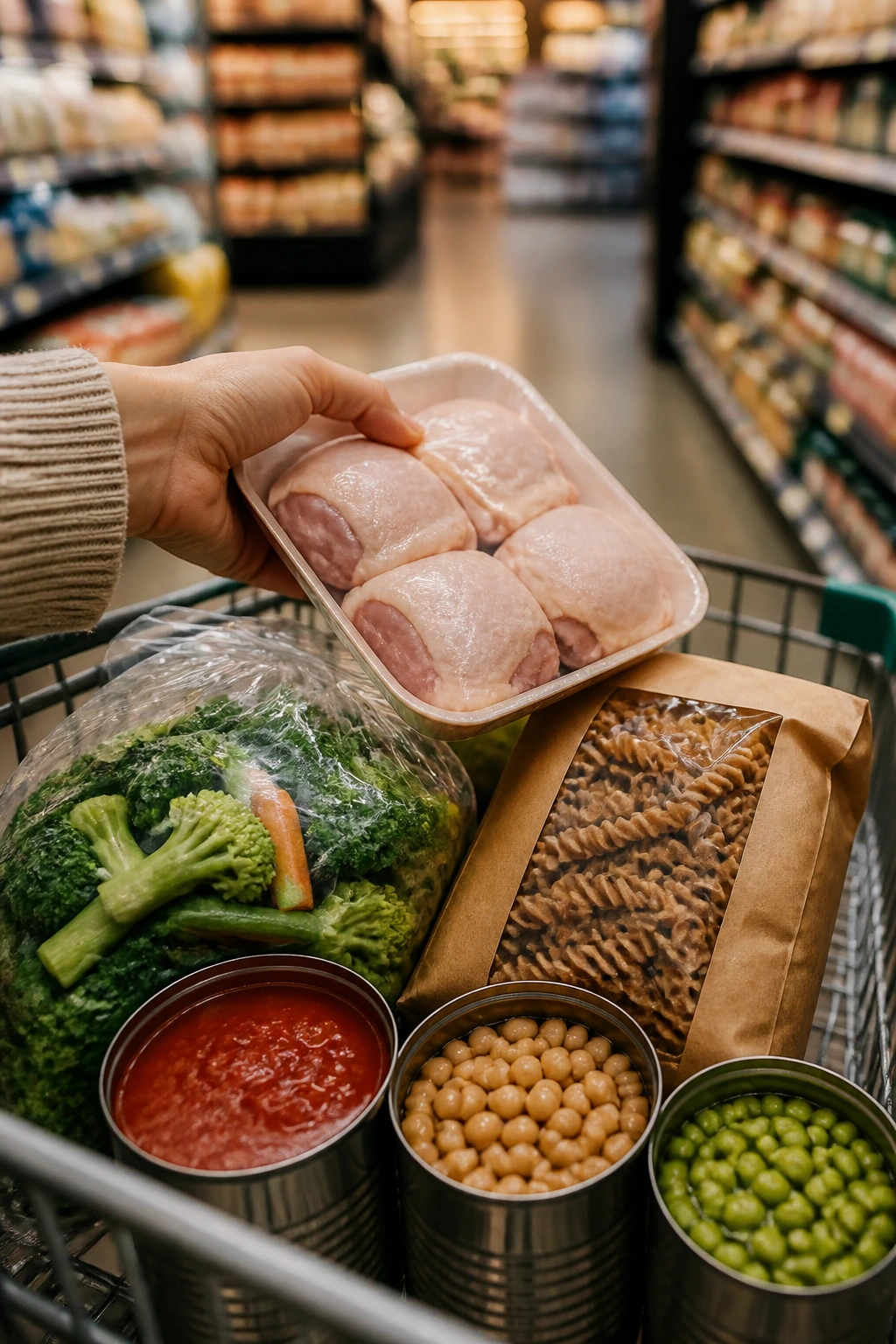 Grocery scene with chicken thighs and pasta illustrating smart shopping