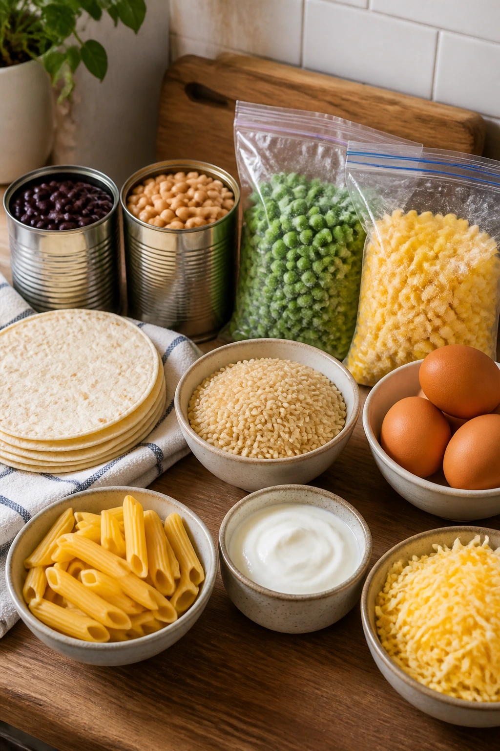Pantry scene with smart-shopping ingredients: beans, peas, corn, tortillas, pasta, rice, eggs, yogurt, cheese