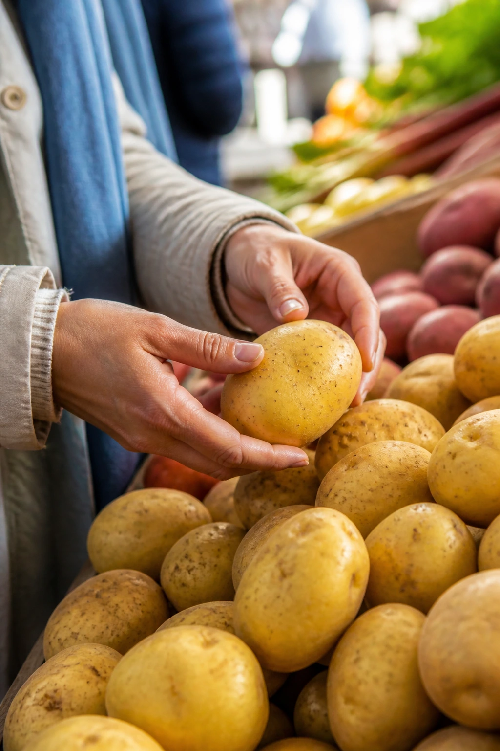 Hands selecting Yukon Gold potatoes at a market stand.