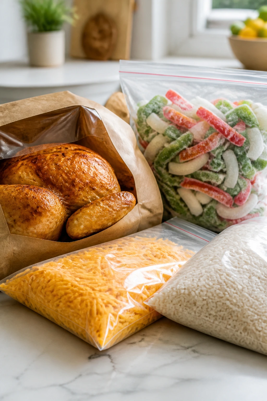 Grocery items suggesting smart shopping: rotisserie chicken, frozen onion-pepper mix, cheese, and rice