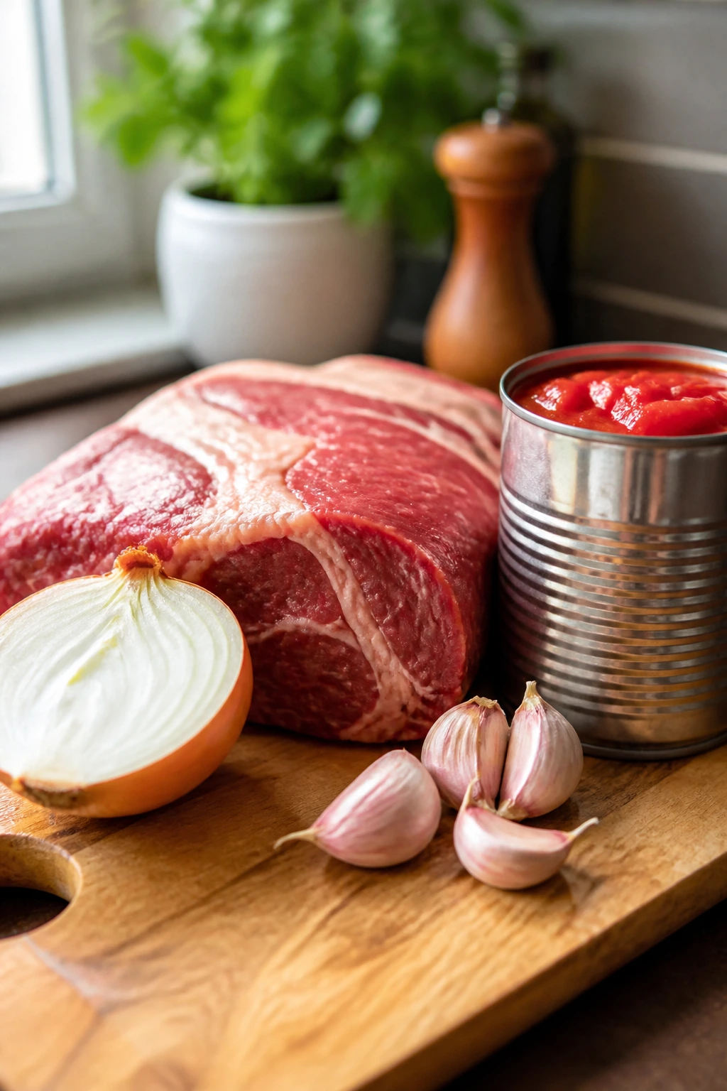 Selection of prime slow cooker ingredients on cutting board