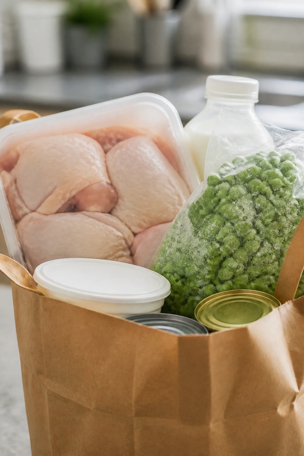 Grocery bag with chicken thighs and frozen peas on a counter