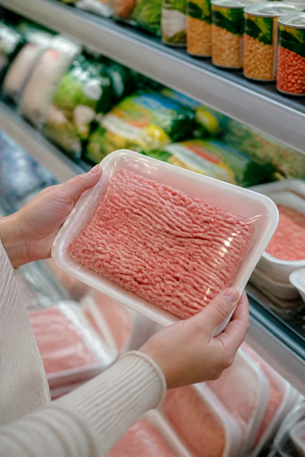 Close-up of hands selecting lean ground turkey in a grocery store for high-protein kid dinners