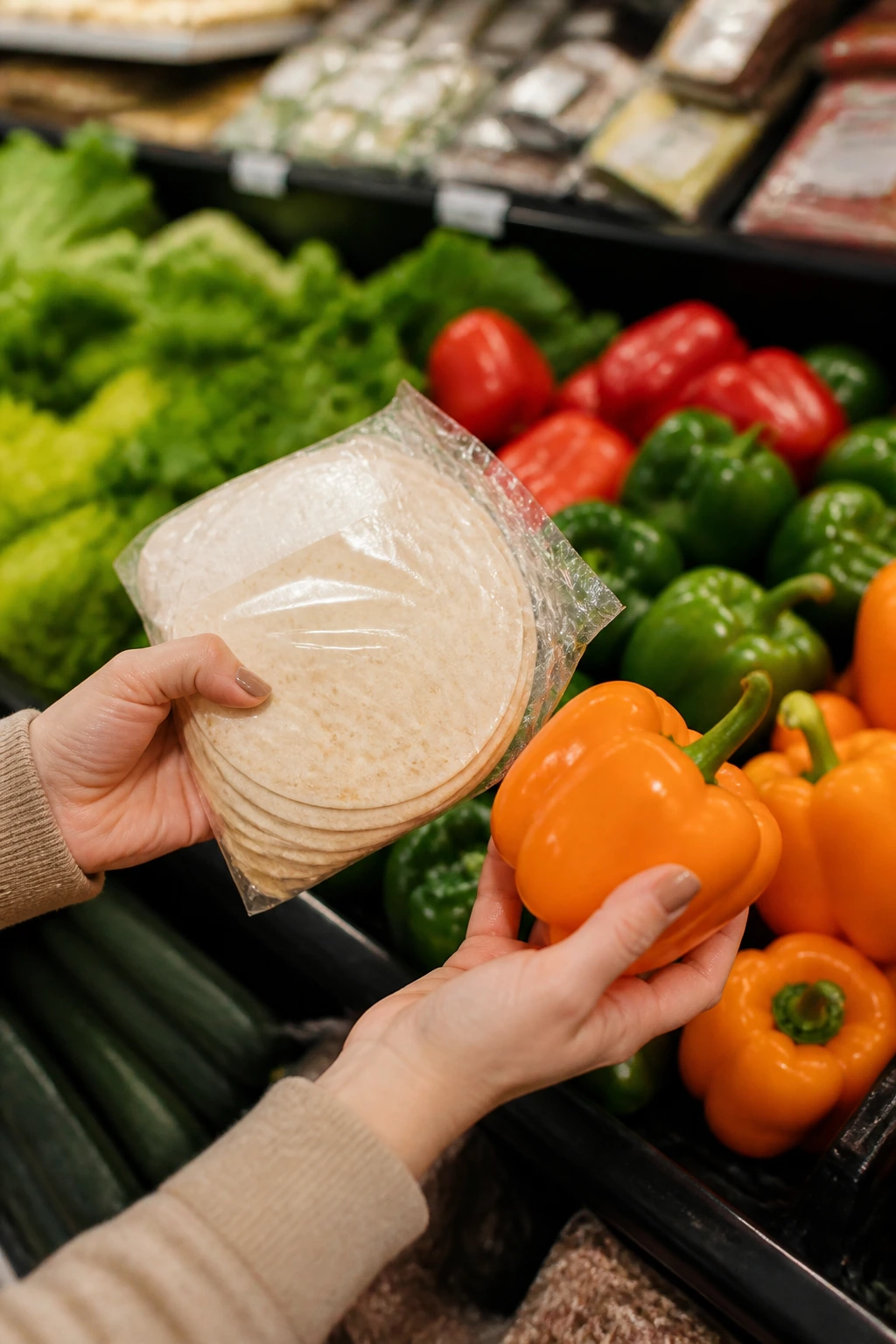 Hands selecting tortillas and produce in a grocery store produce aisle