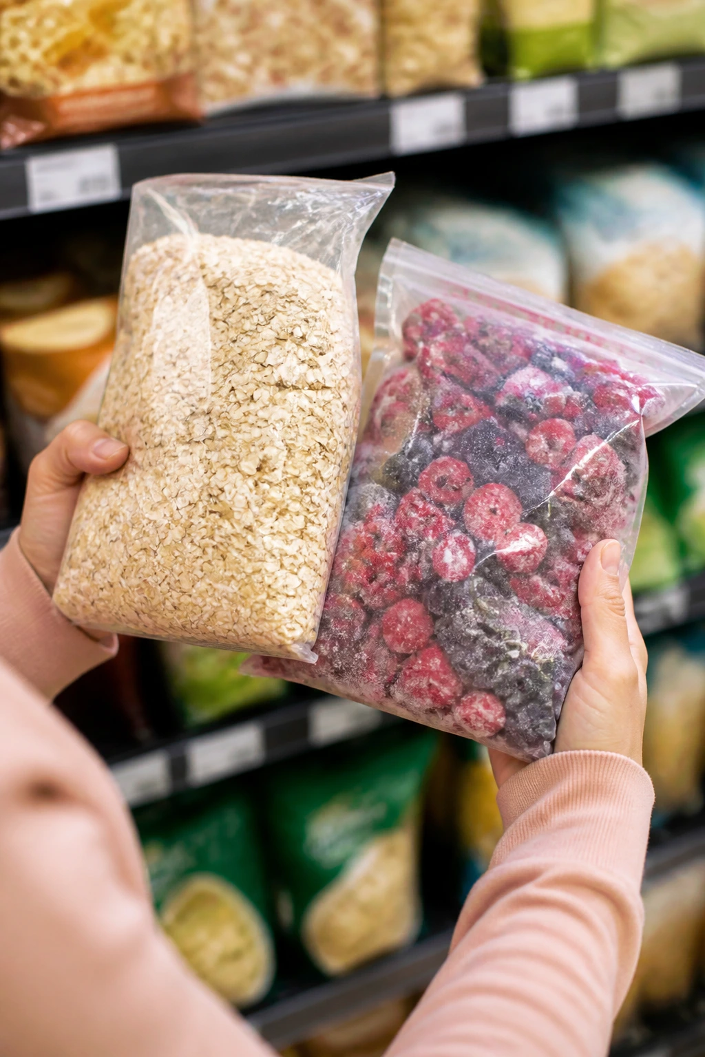 Hands selecting rolled oats and frozen fruit at a grocery store