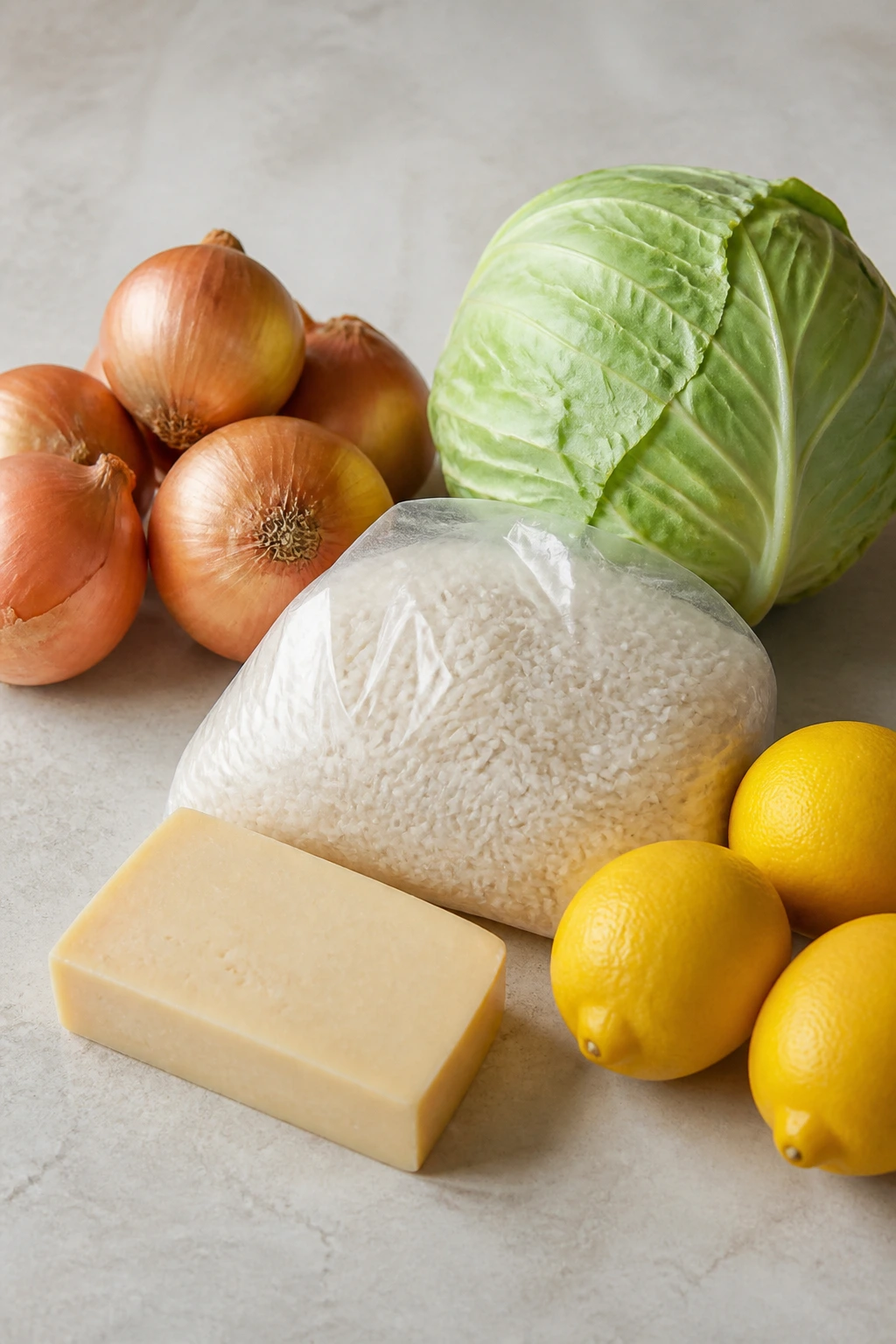 Overhead pantry scene with onions, cabbage, rice, cheese, and lemons