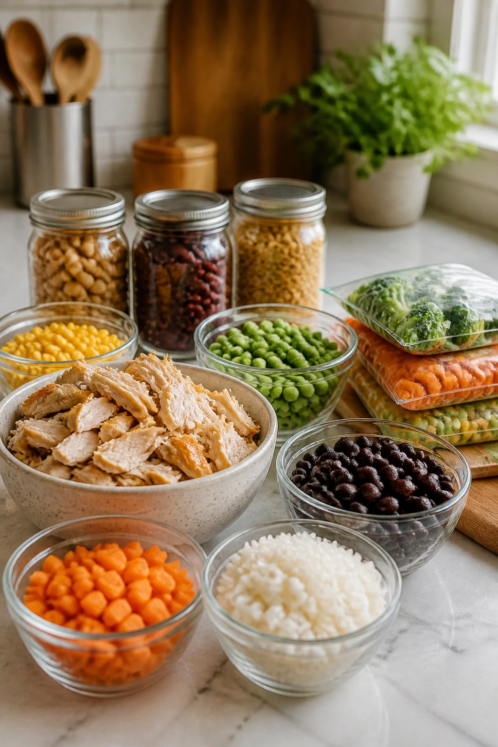 Unlabeled pantry staples arranged on a kitchen counter