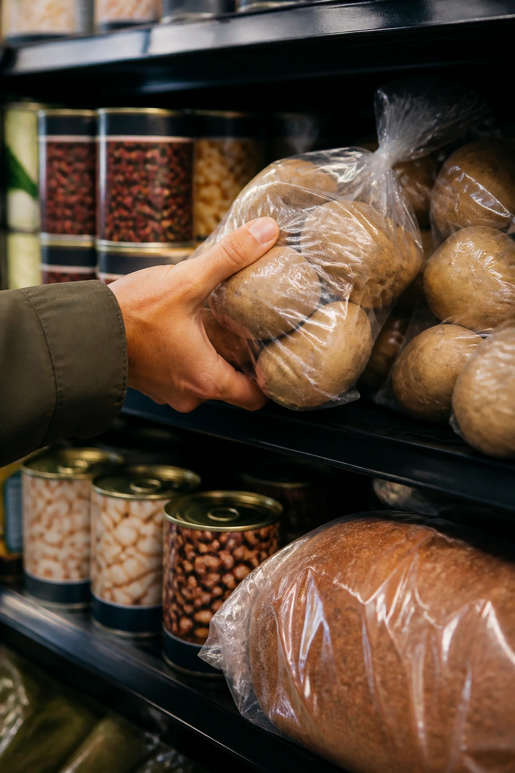 hands selecting potatoes from a grocery store shelf with beans and bread in view
