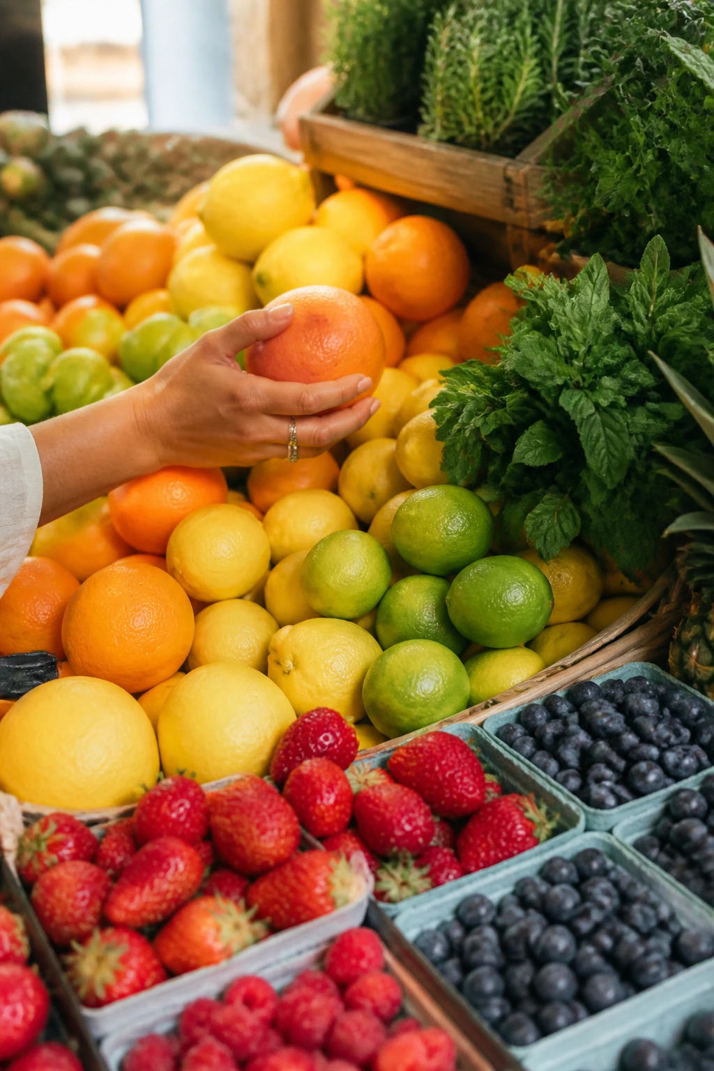 Fresh citrus and berries at market with a hand selecting fruit.