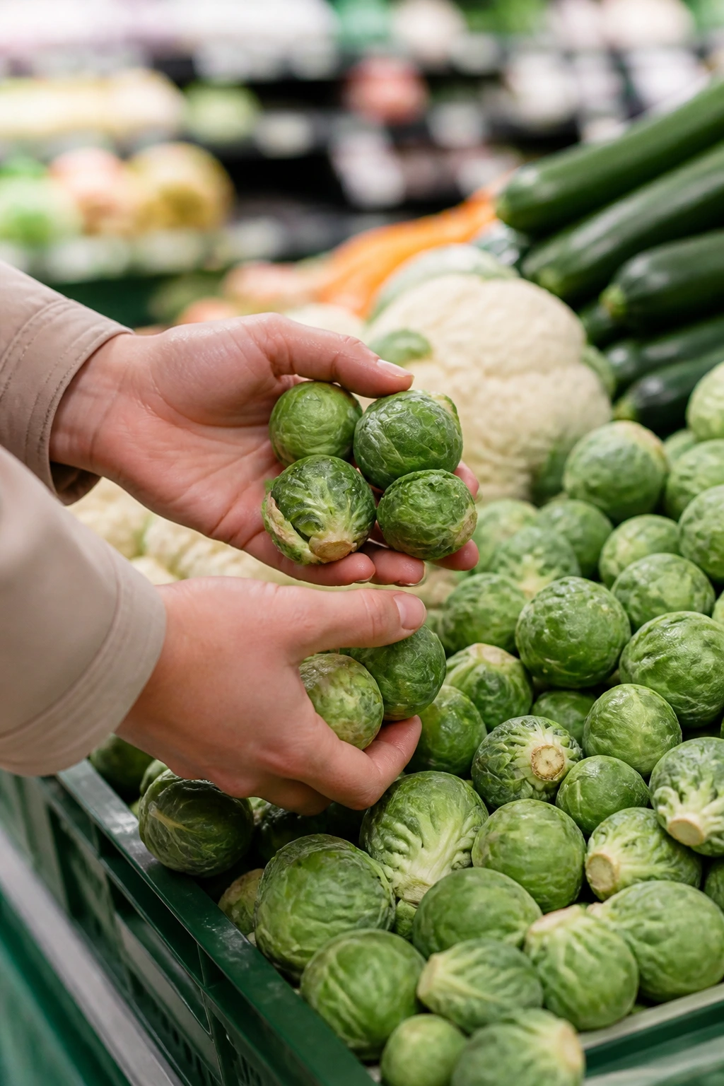 Hands selecting Brussels sprouts at grocery store