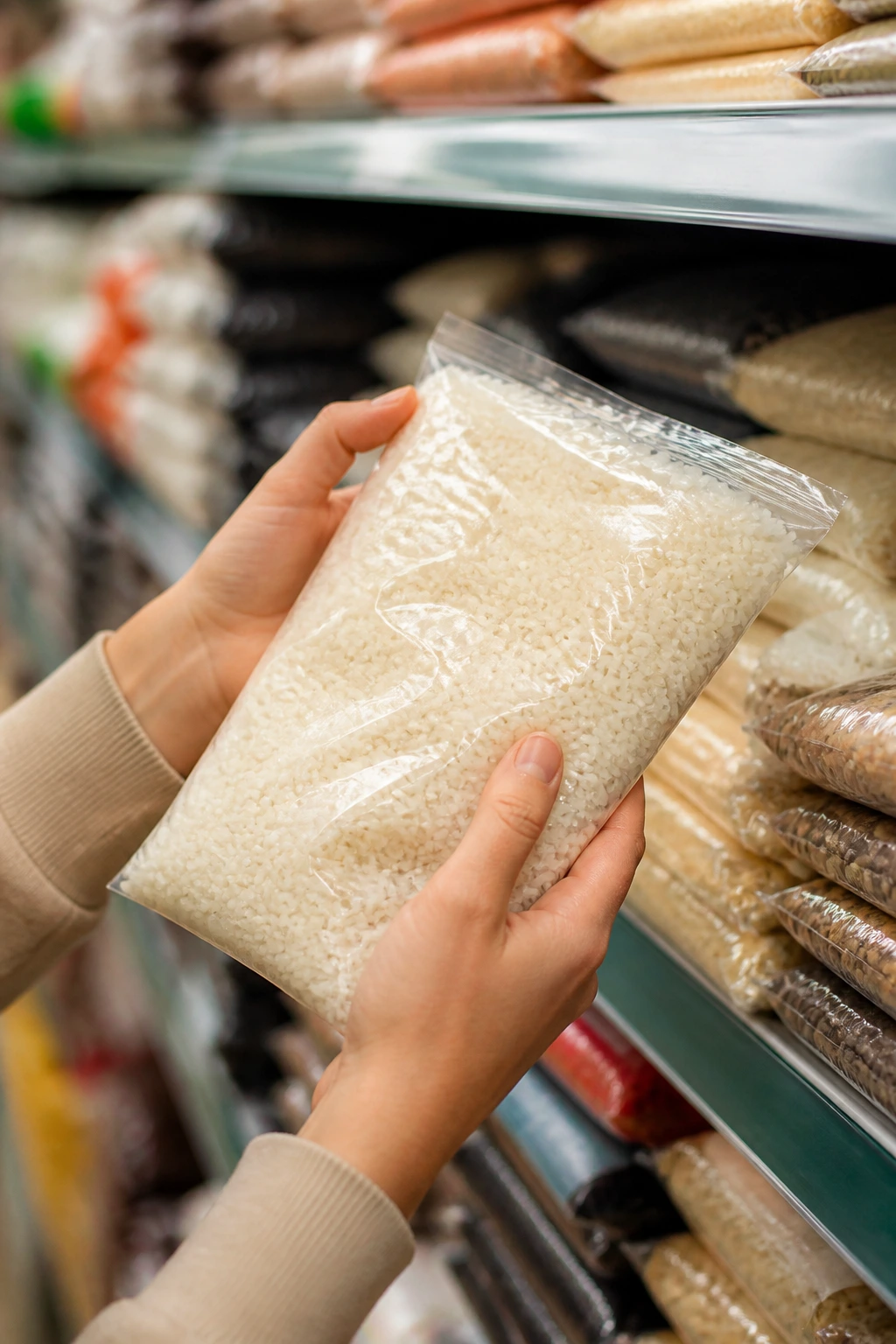 Hands holding plain bag of rice at grocery store