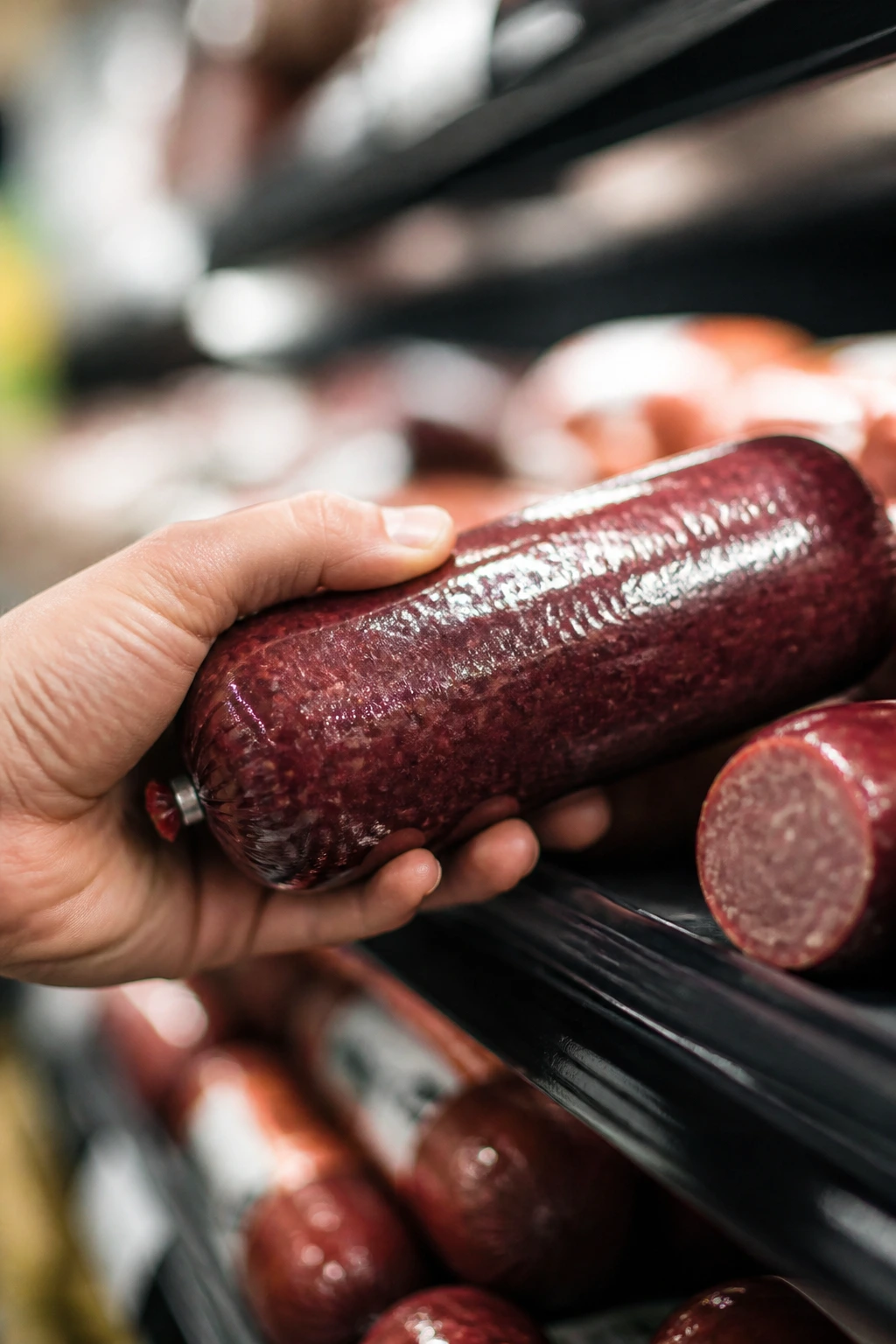 Hand selecting beef summer sausage on grocery shelf