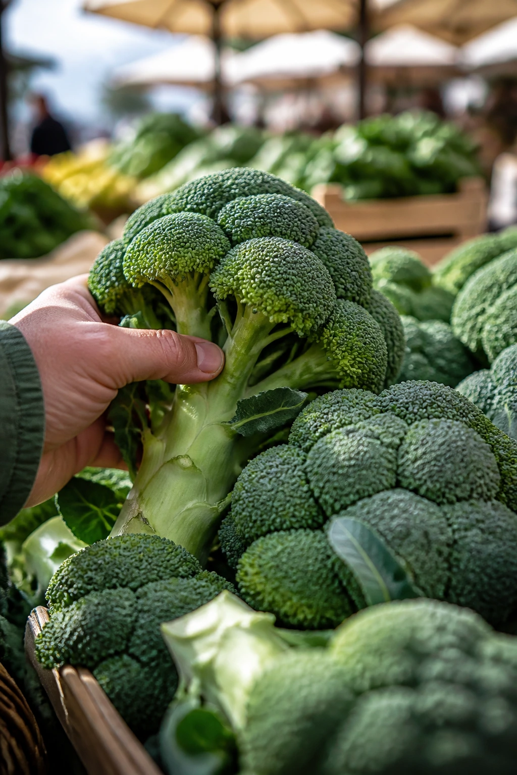 Close-up of fresh broccoli being selected at a market