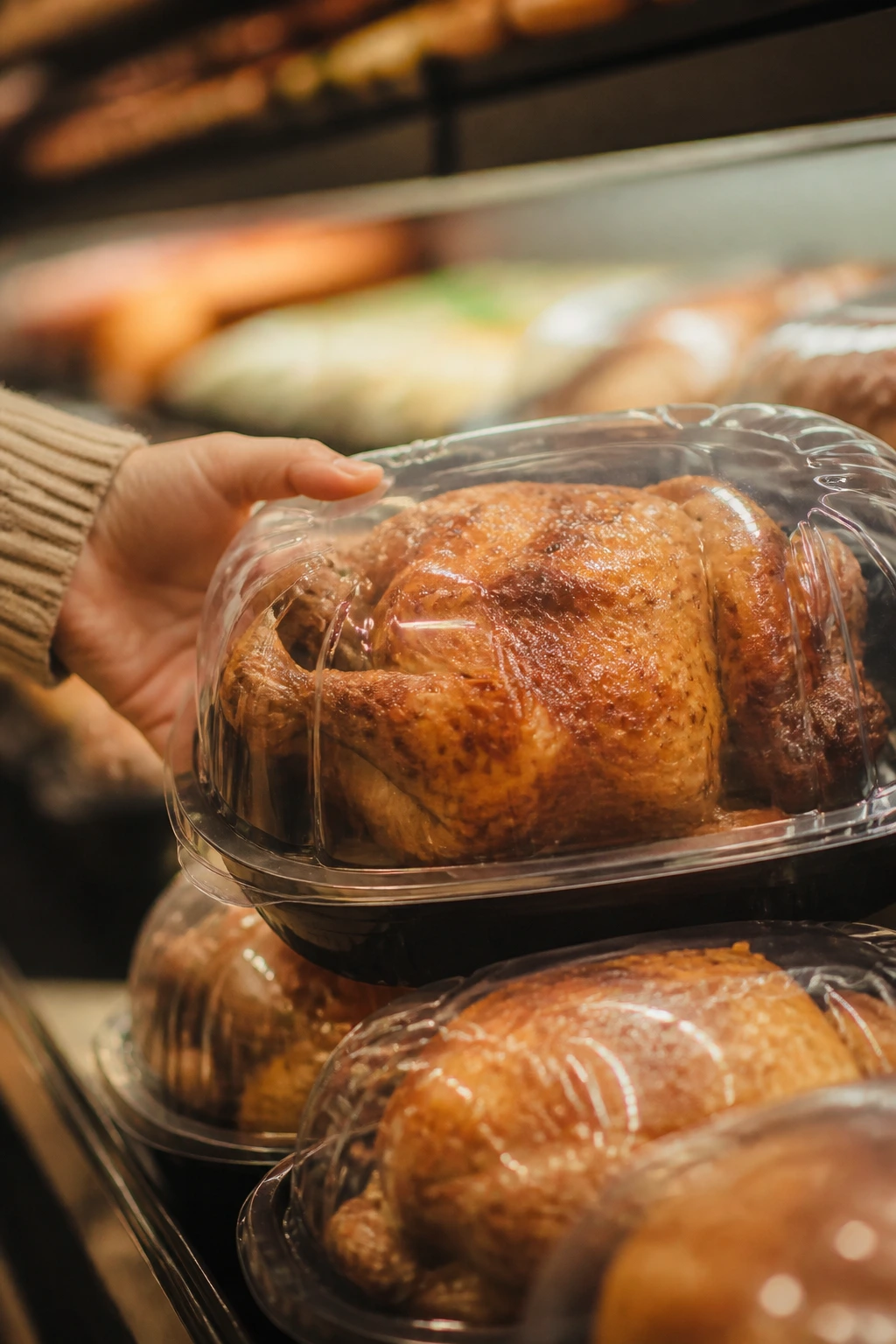 Close-up of a shopper selecting rotisserie chicken in grocery store, emphasizing smart shopping for weeknight meals