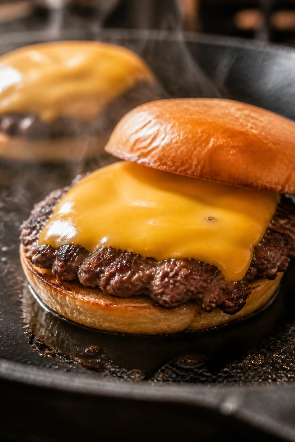 Close-up of a smash burger in a cast-iron skillet with melted cheese.