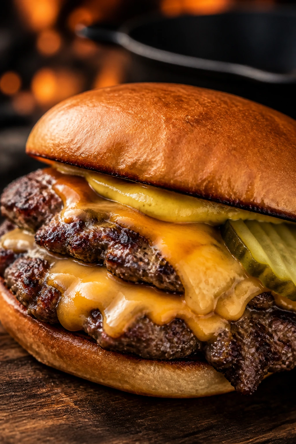 Close-up of smash burger melt with crispy edges and melted cheese