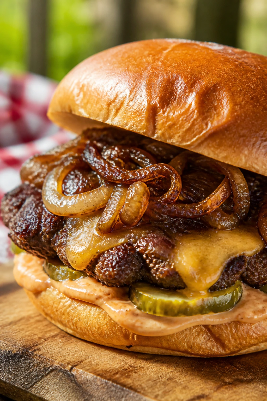 Smash burger with caramelized onions outdoors