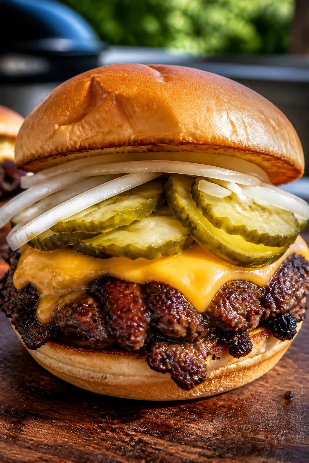 Close-up of Smash Burger with Pickles and Onion showing browned crust and melted cheese
