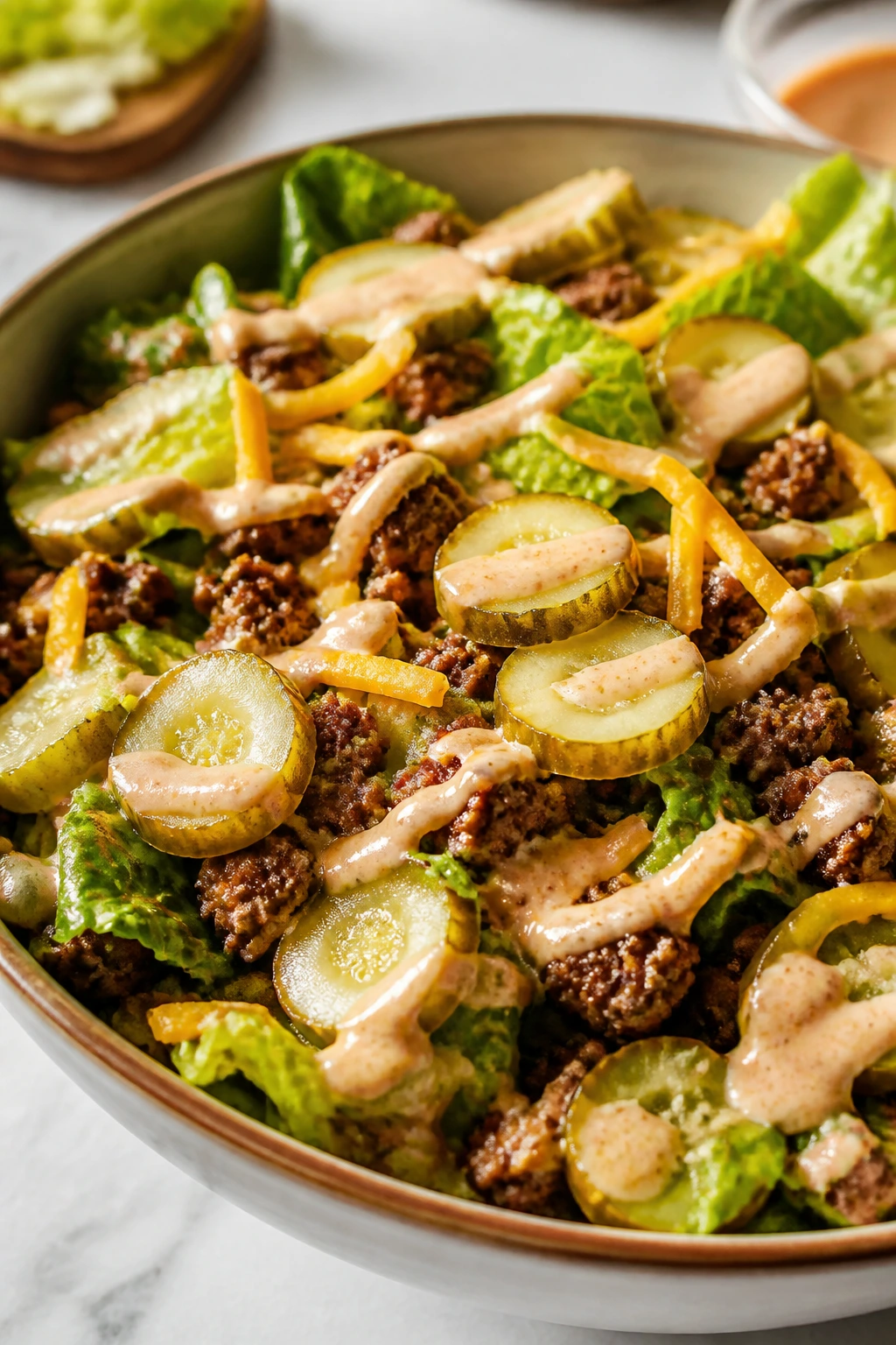 Burger-inspired salad bowl with beef, pickles, and sauce