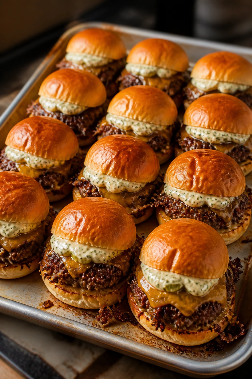 Smash burger sliders with dill pickle sauce on a sheet pan