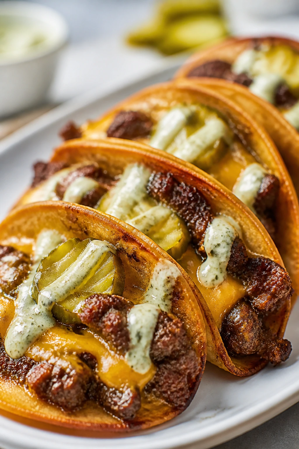 Crispy-edged tacos with beef and melted cheese topped with pickle sauce.