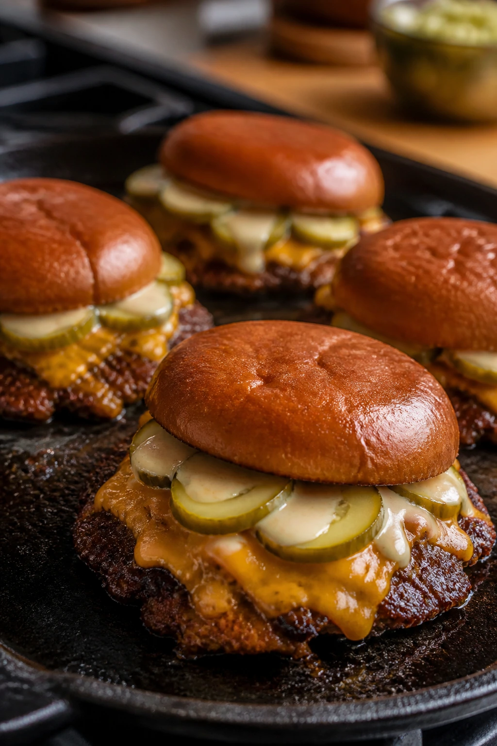 Close-up of crusty smash burgers in a cast-iron skillet