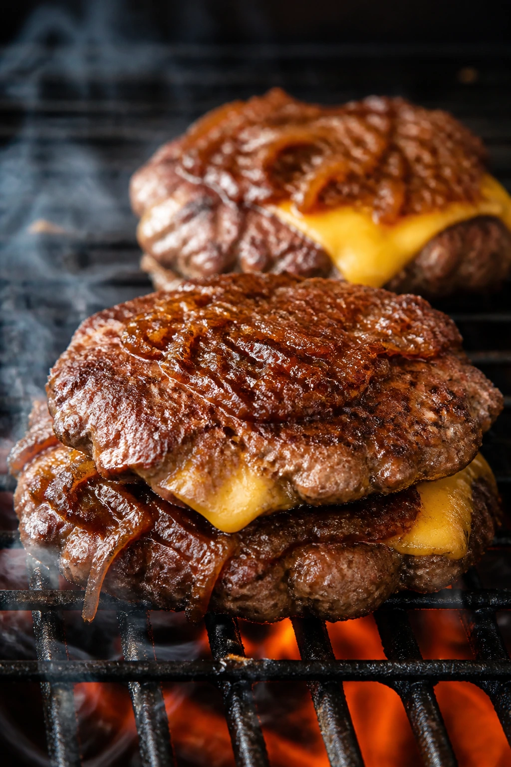 Close-up of juicy smash burgers with smoked onion jam on a hot grill