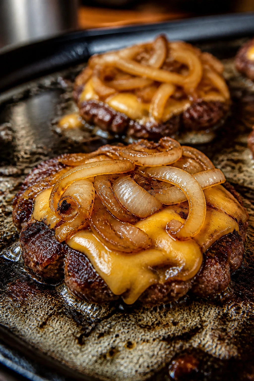 Smashed burgers with onion sizzling on a hot skillet
