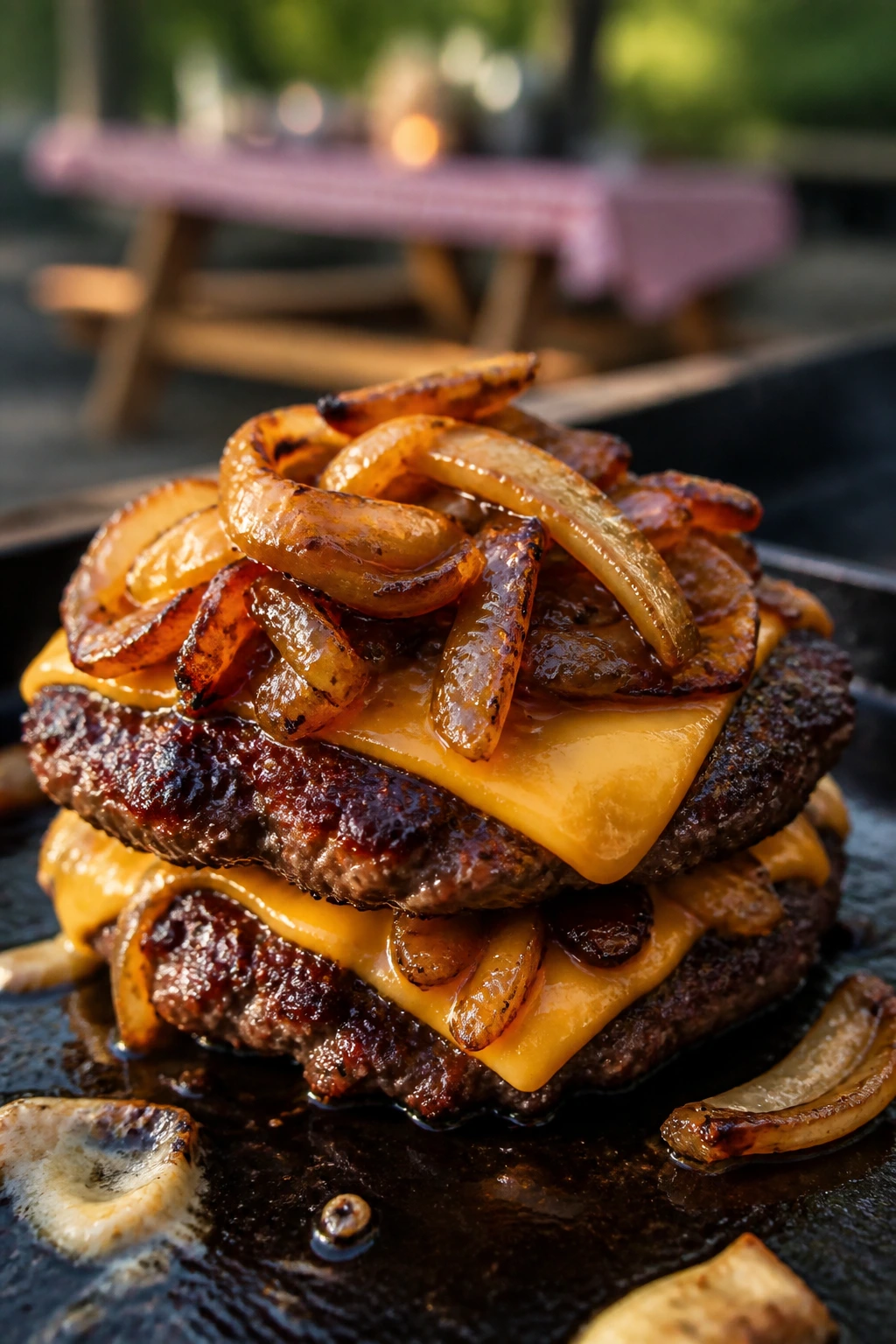 Close-up of a double-stack smash burger with onions on a griddle outdoors