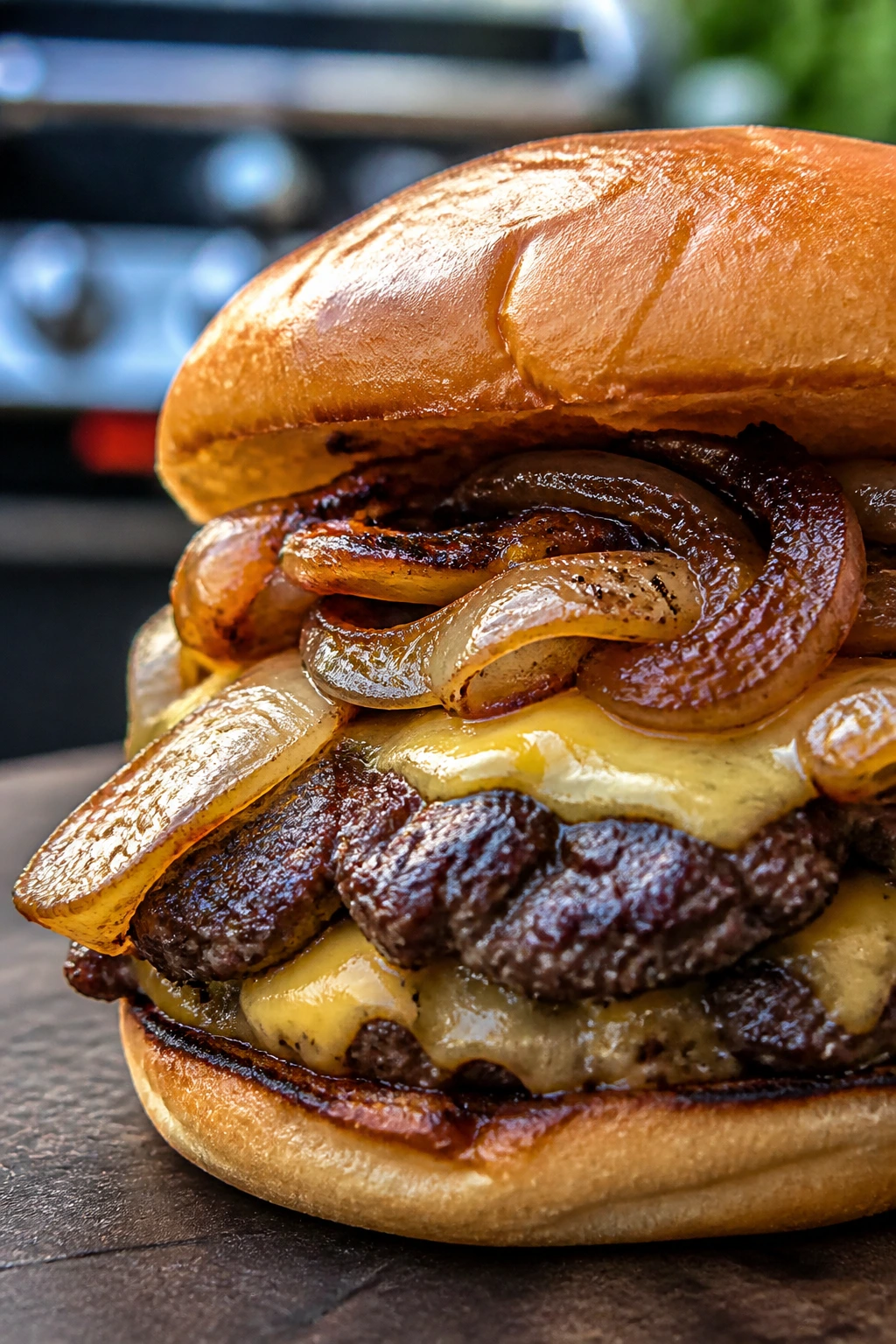 Juicy smash burger with grilled onions on a bun