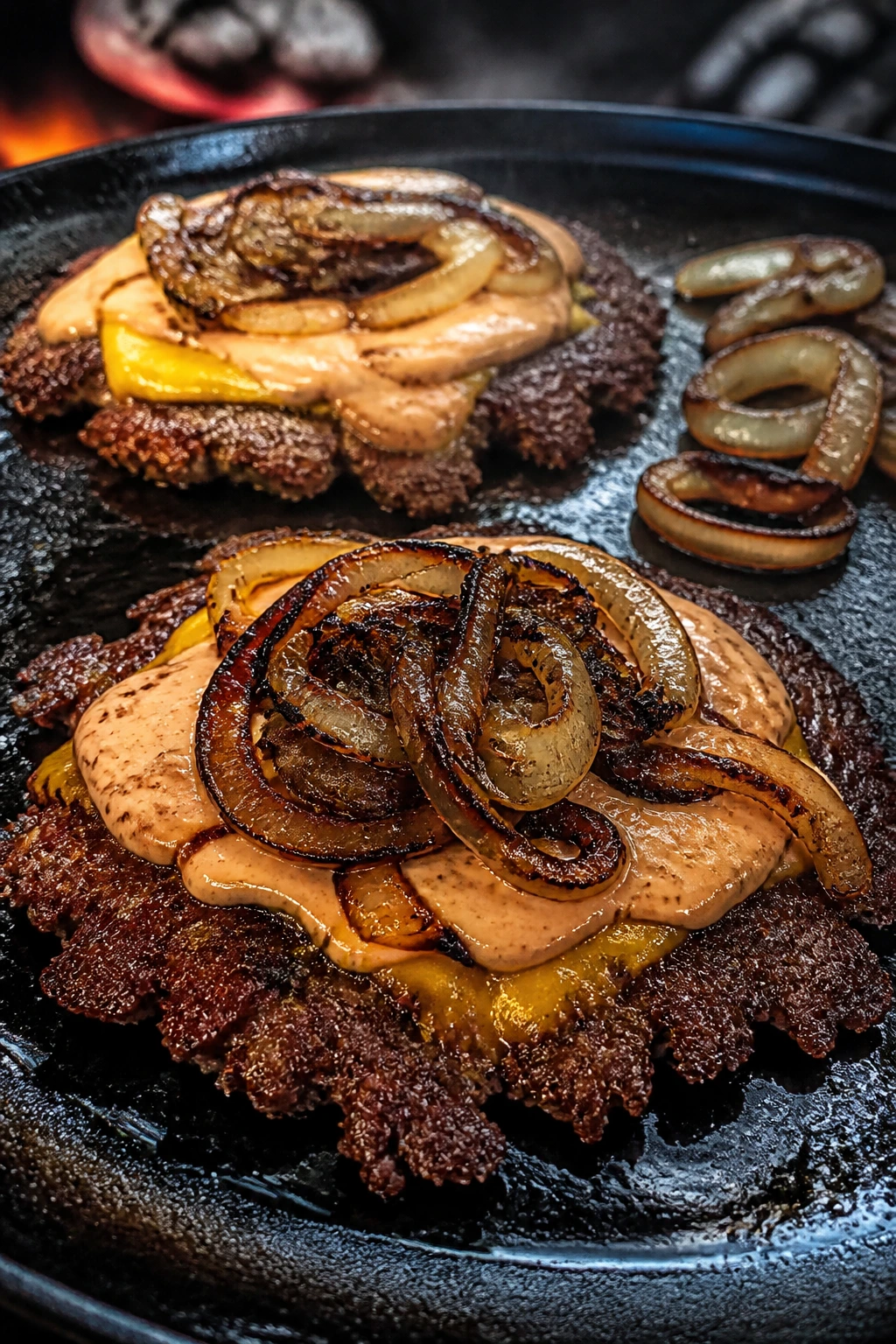 Close-up of smash burgers with onions and tangy sauce on a cast-iron griddle outdoors