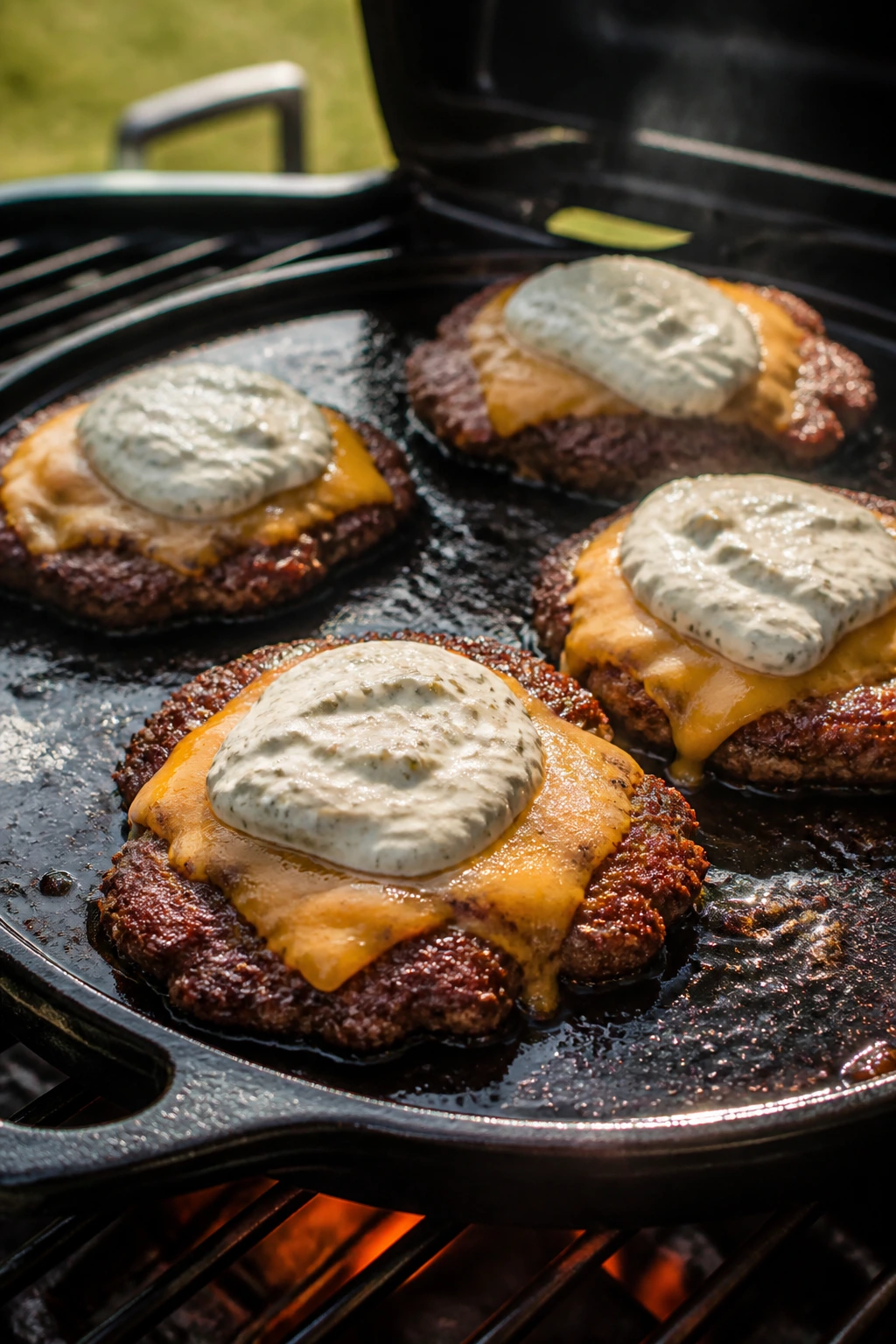 Close-up of smash burgers with pickle-dill sauce on a hot griddle.