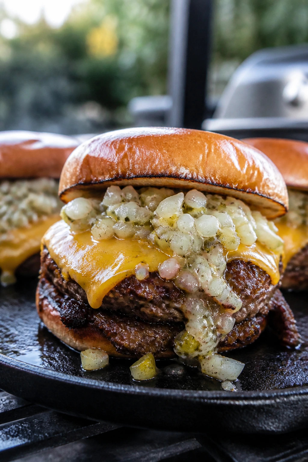 Smashed burger with pickle-onion sauce on a skillet