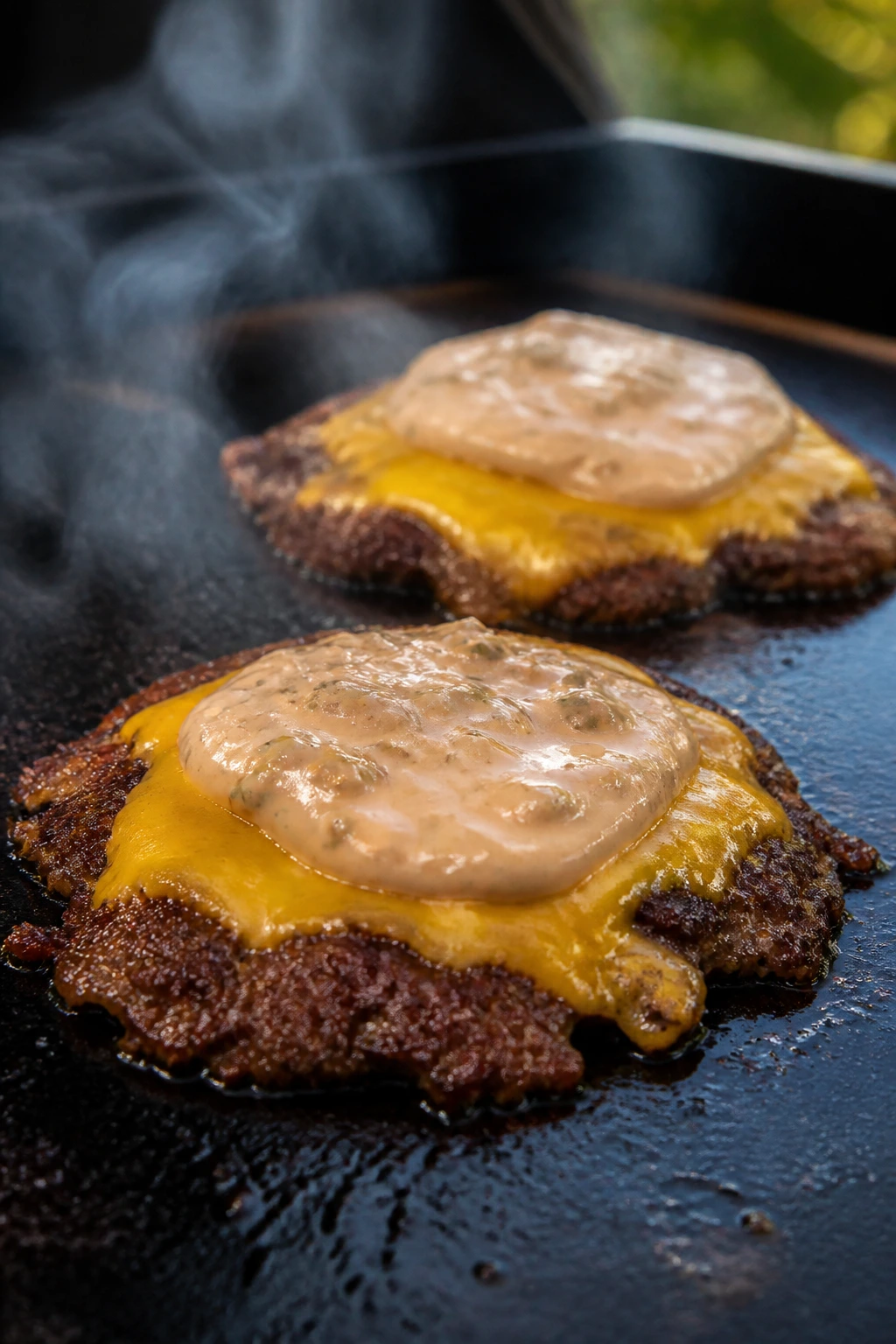 Close-up of smash burgers on a hot skillet with melted cheese and glossy sauce