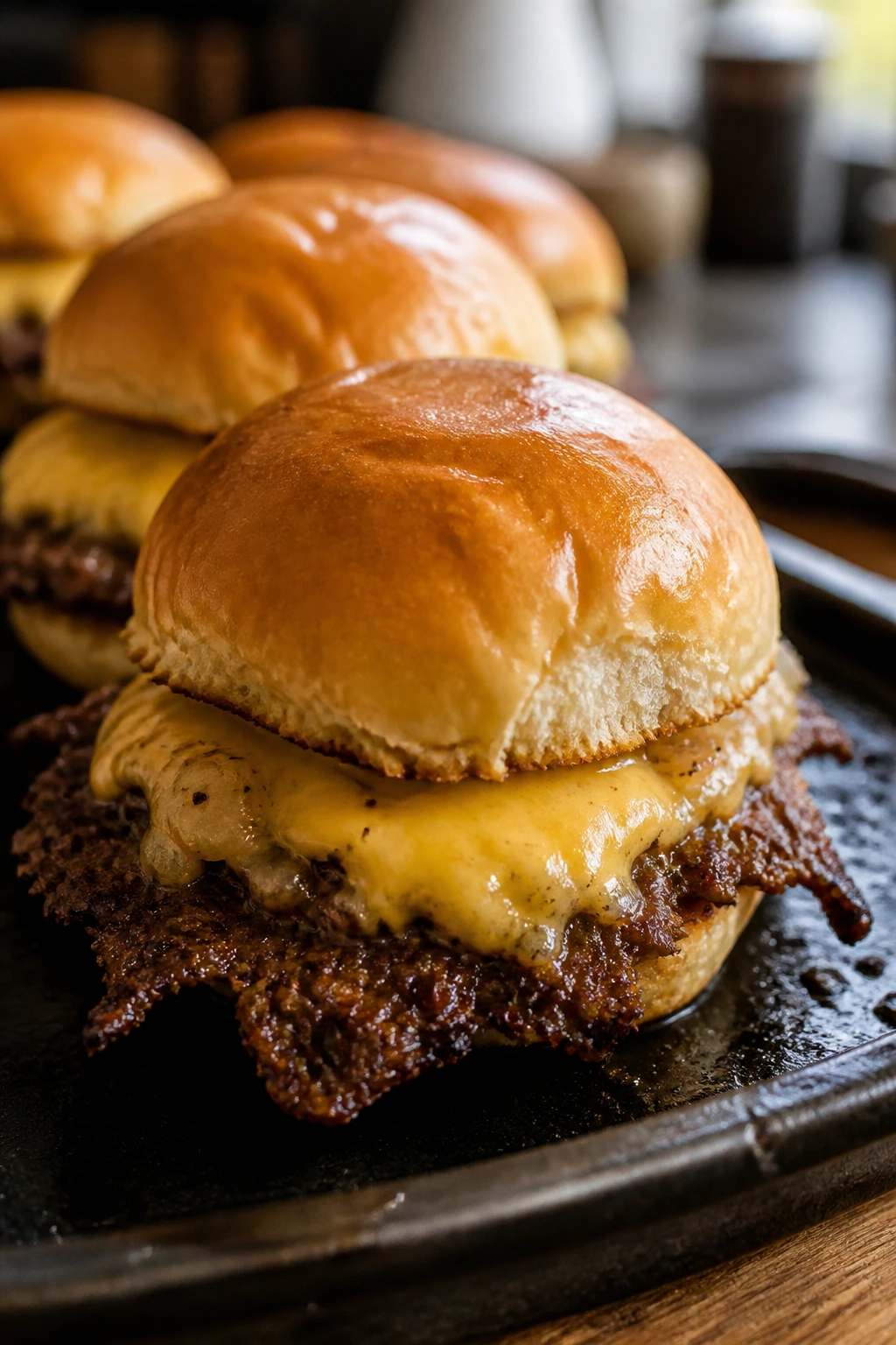 Close-up of Crispy-Edge Smashburger Sliders with browned edges and melted cheese